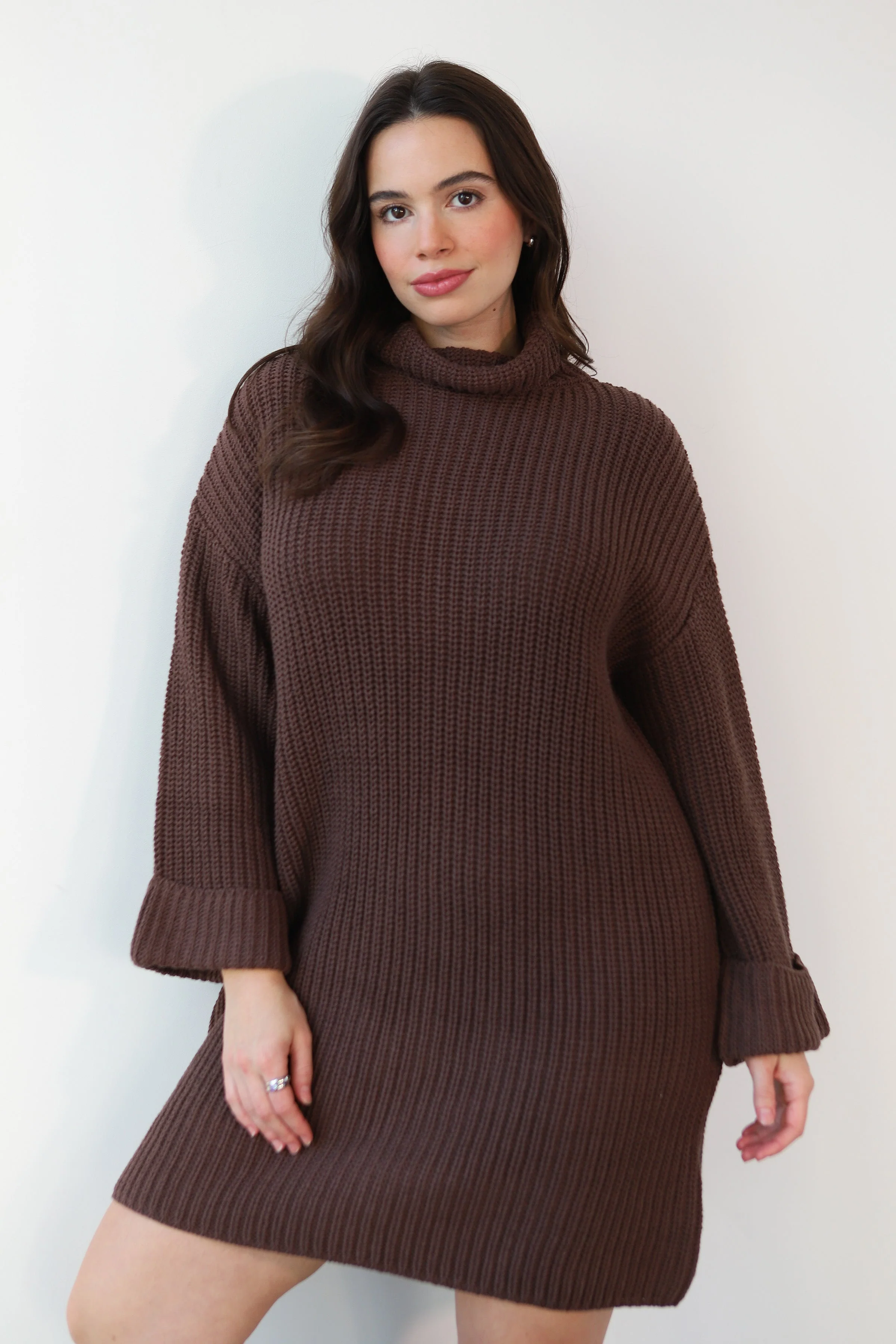 Baggy Turtleneck Mini Dress - Chocolate - Image 2