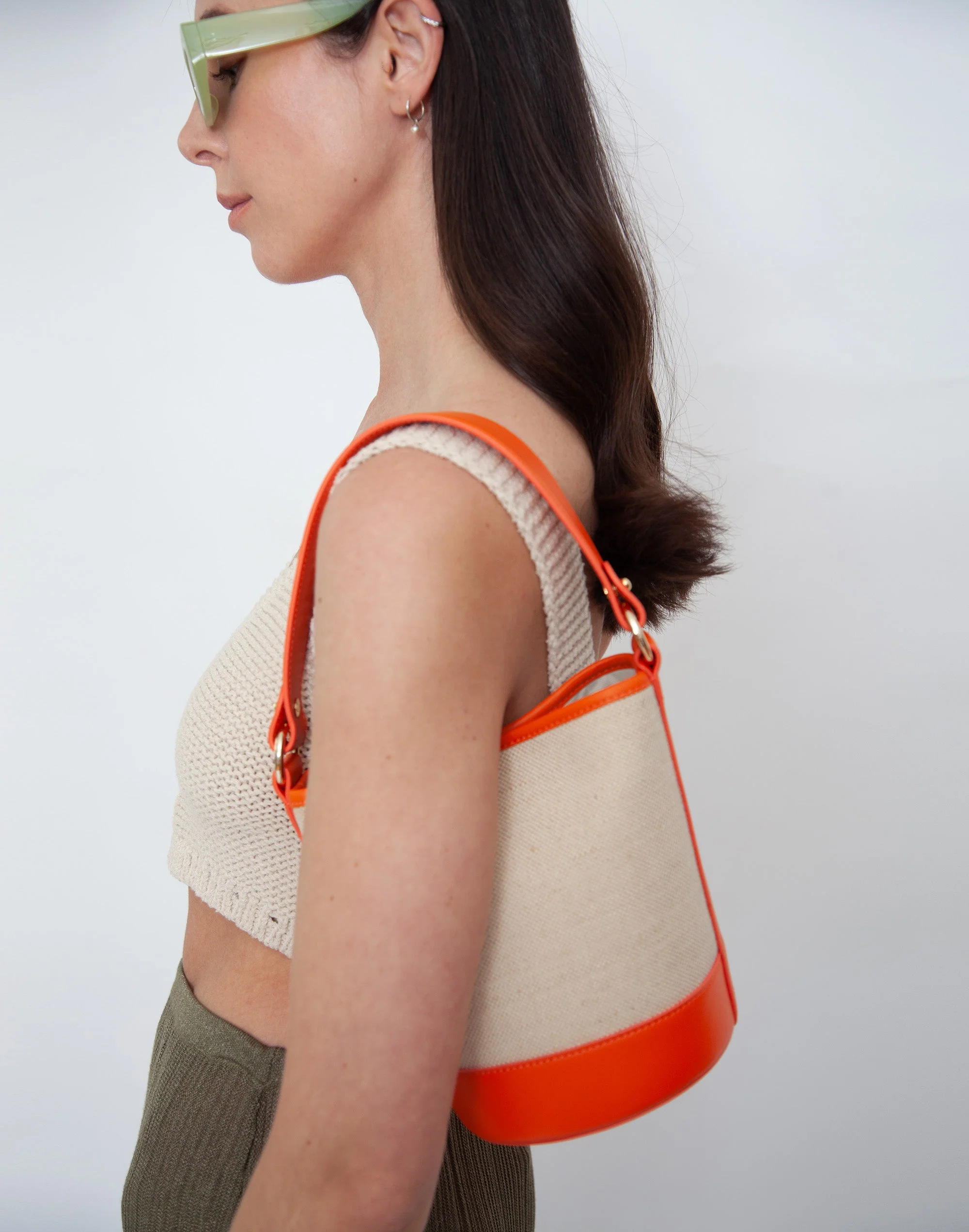 Canvas Mini Bucket Bag - Linen/Orange - Image 2