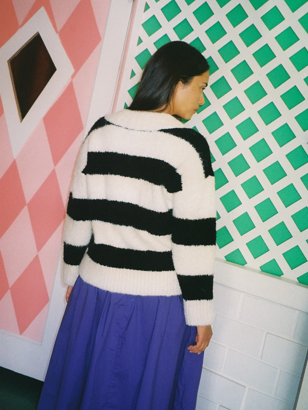 Coby V-Neck Sweater - Black/White Stripes - Image 8