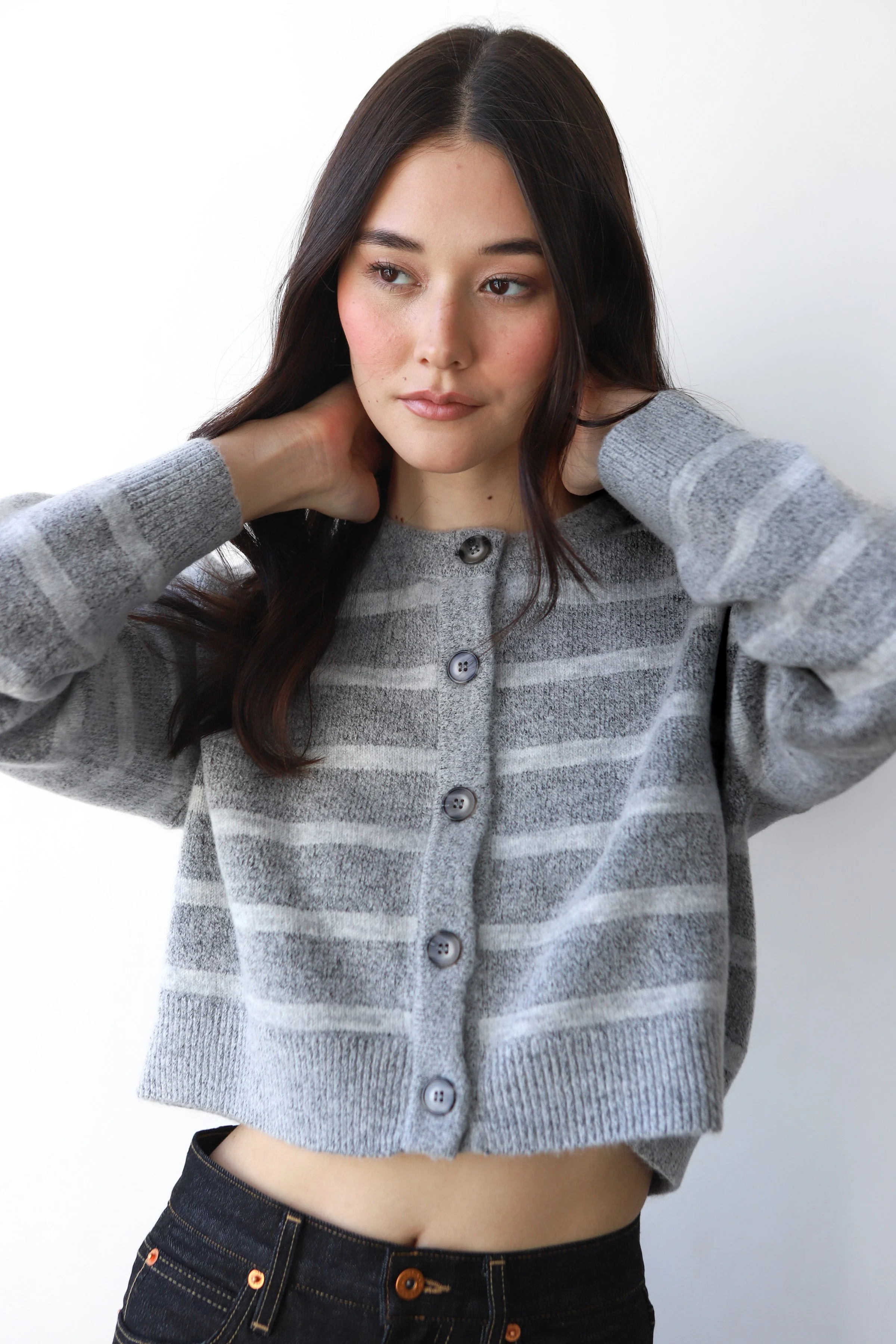 Fiona Cardigan - Heather Grey Stripe - Image 2