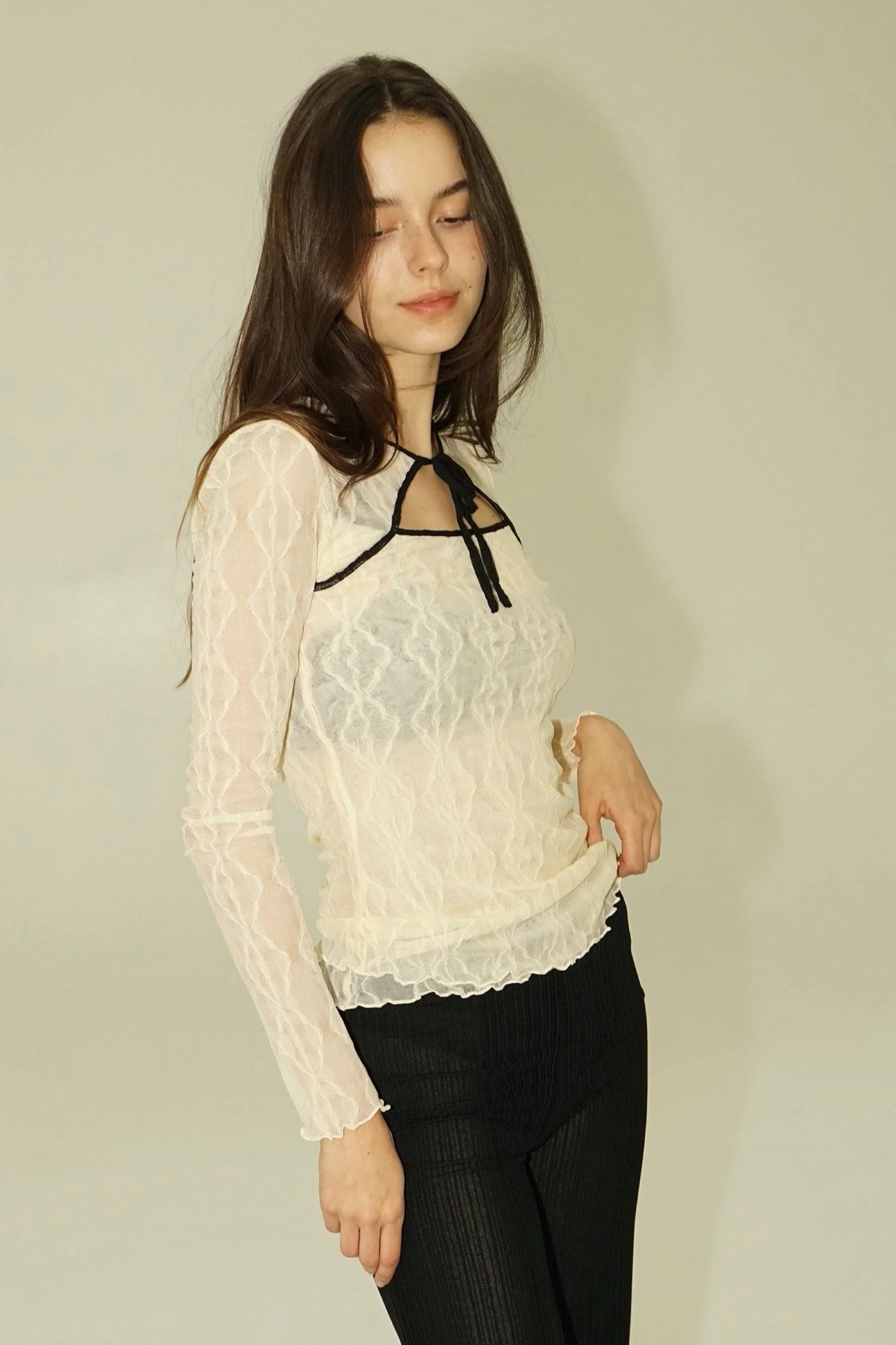 Mariposa Long Sleeve Bow Tee - Piped Cloud