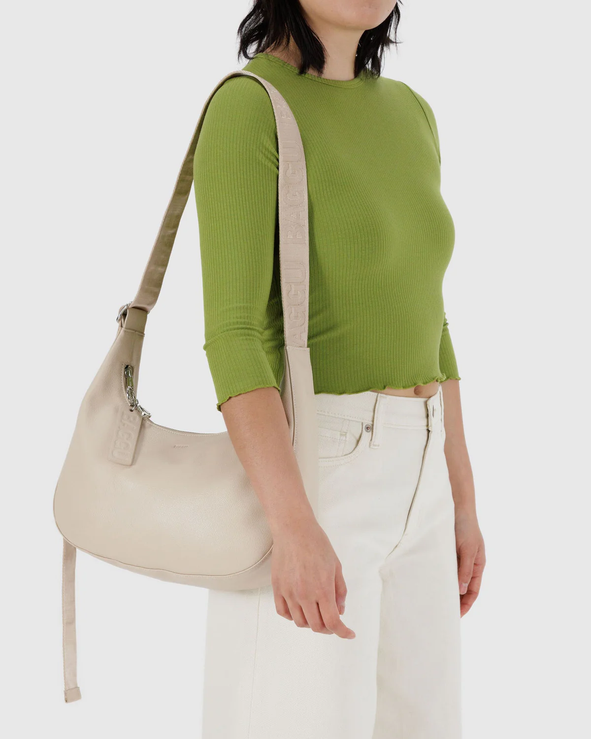 Medium Recycled Leather Crescent Bag - Stone - Image 2