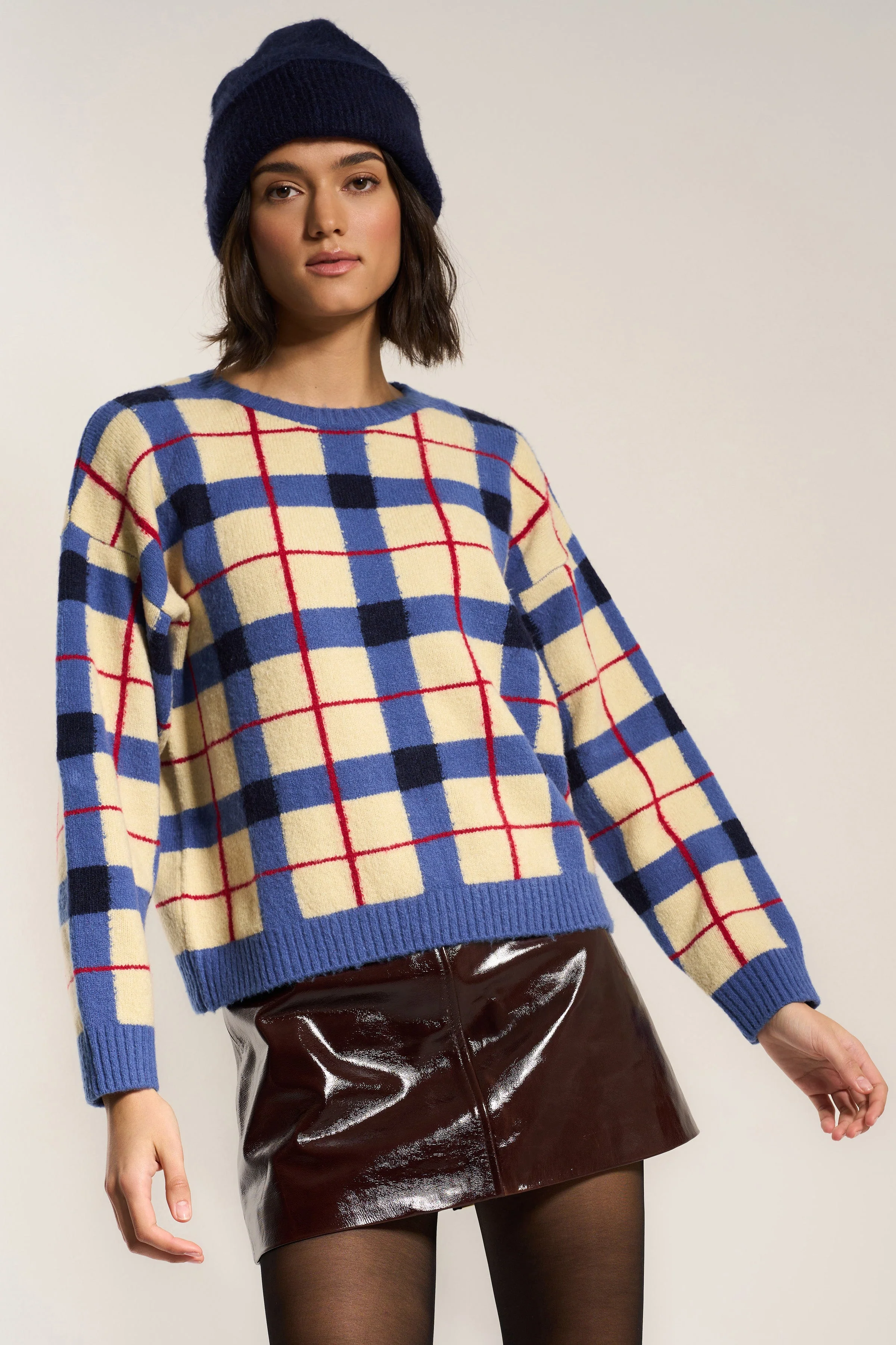 Melody Plaid Crewneck - Navy