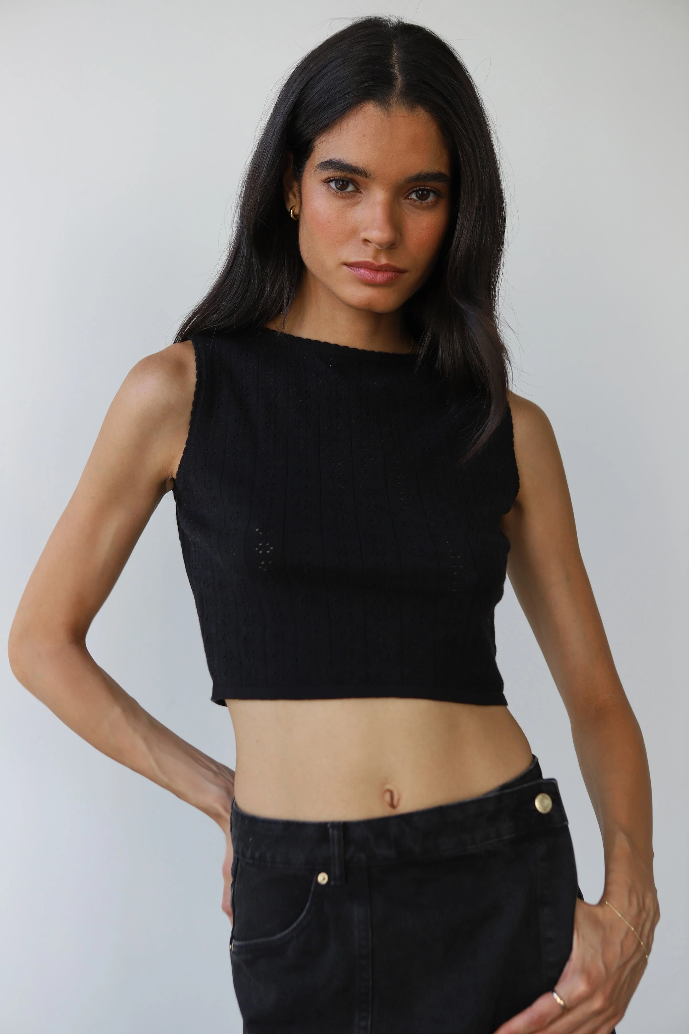 Nerissa Pointelle Tank - Black