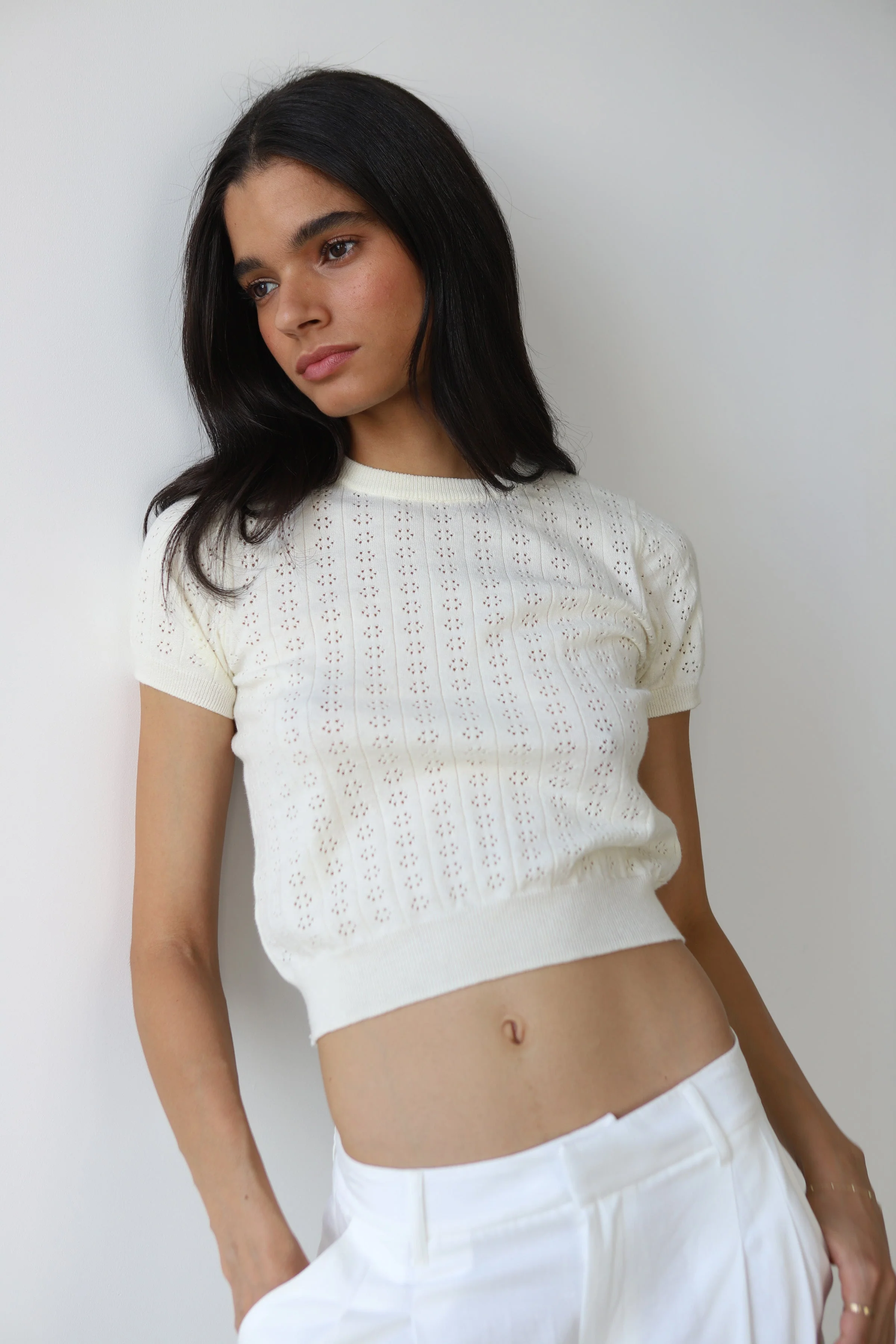 Nerissa Pointelle Tee - Creme - Image 3