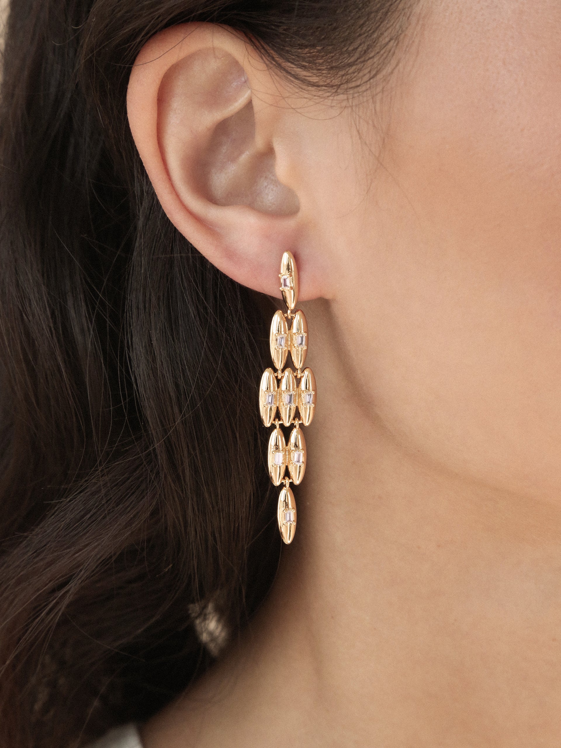 Oval Dome Baguette Dangle Earrings