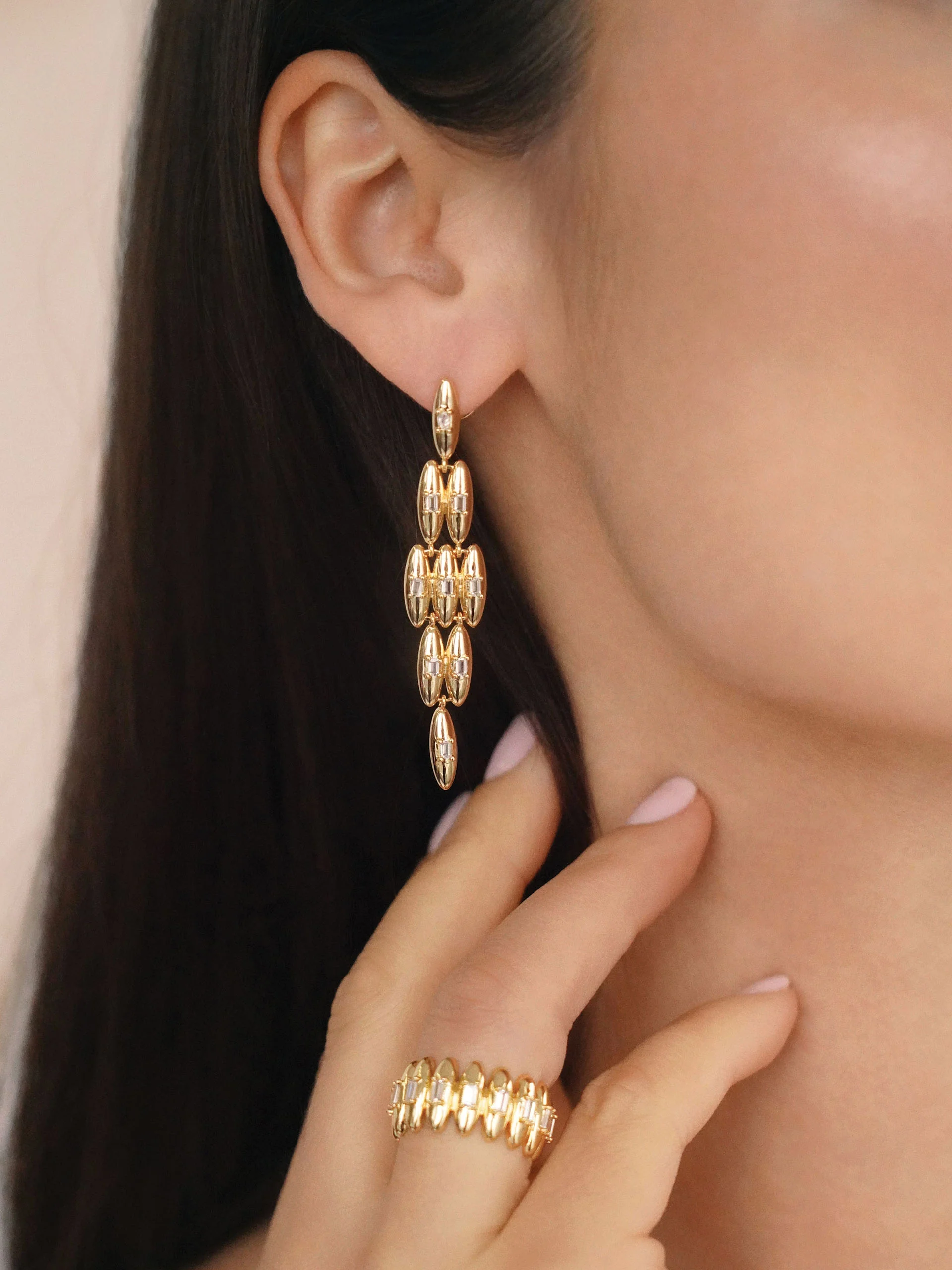 Oval Dome Baguette Dangle Earrings - Image 3