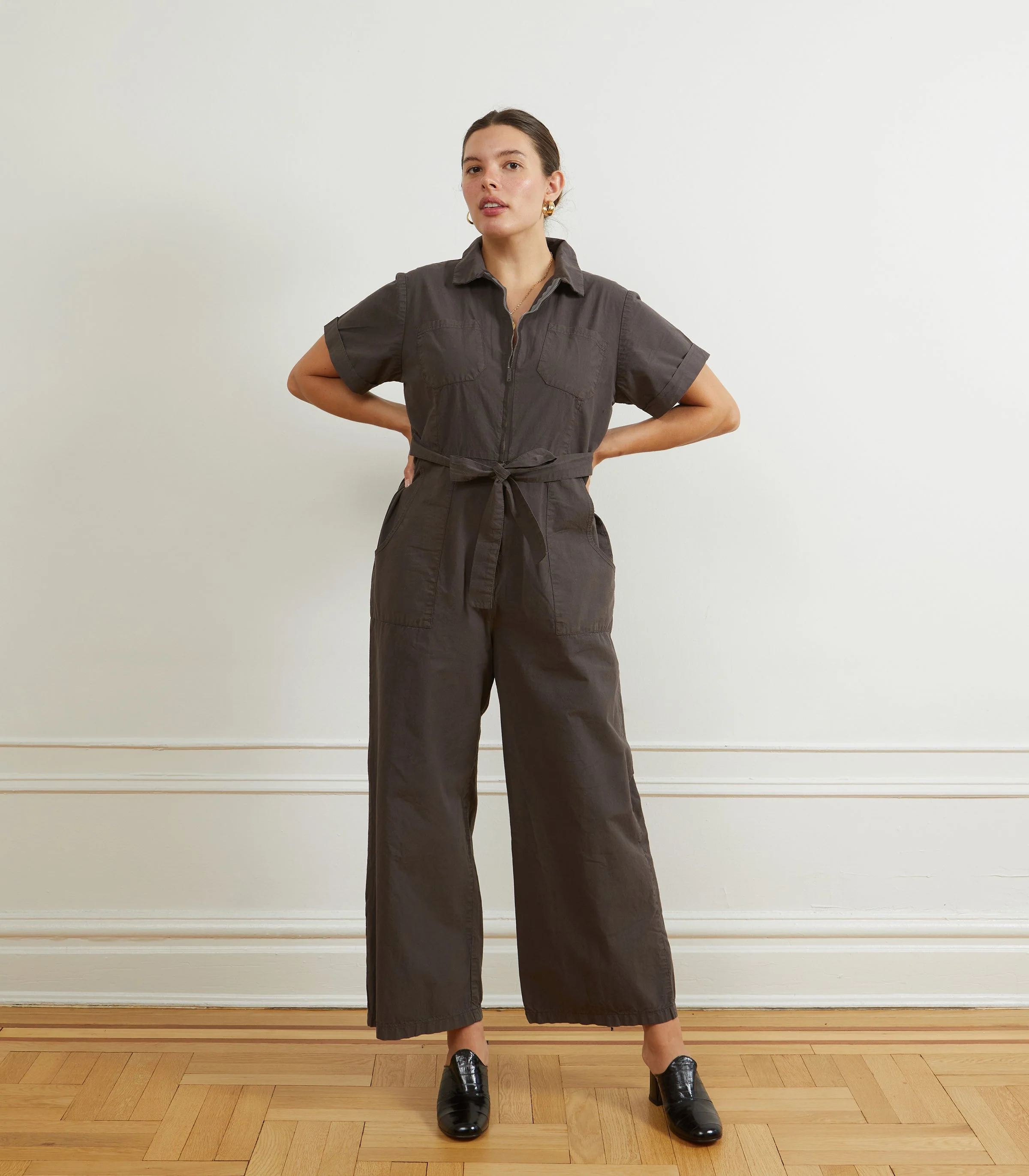 Poppy Short Sleeve Utility Jumpsuit- Espresso - Image 3