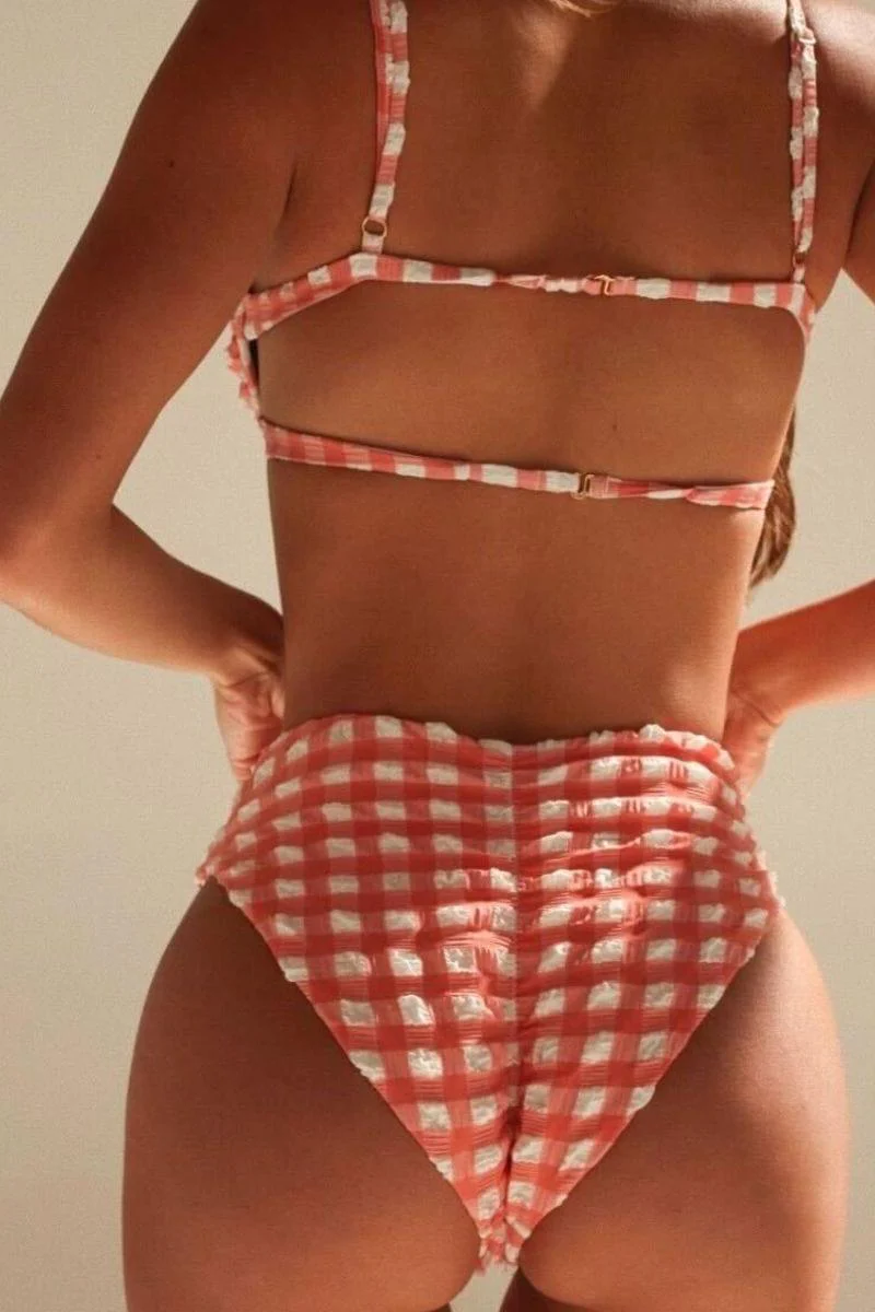 Shrimp Gingham Elany Tie-Up Bikini Top - Image 3