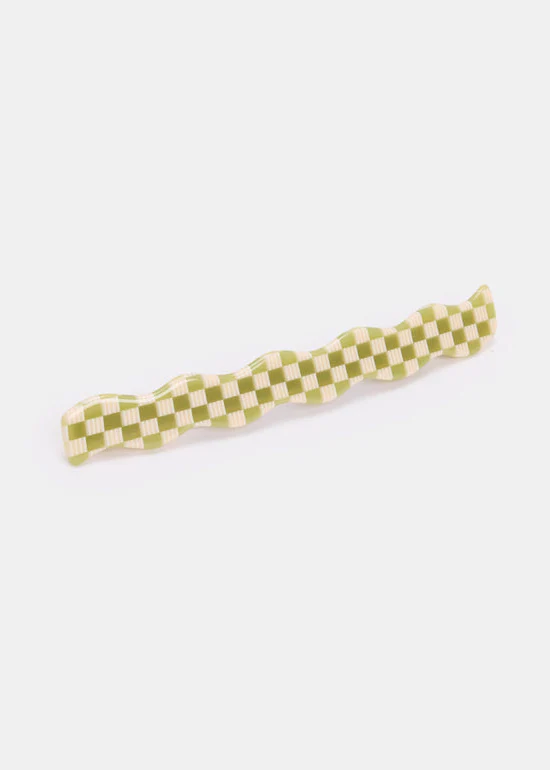 Skinny Wave Barrette - Olive Check