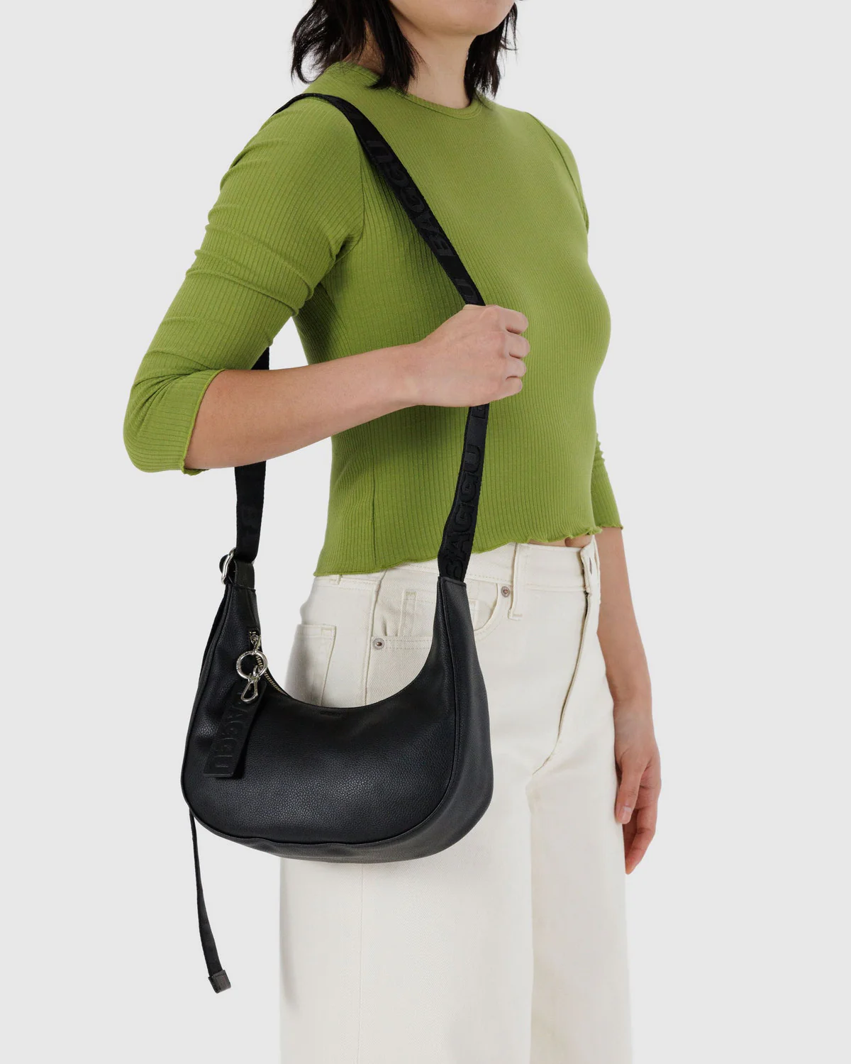 Small Recycled Leather Crescent Bag - Black - Image 2