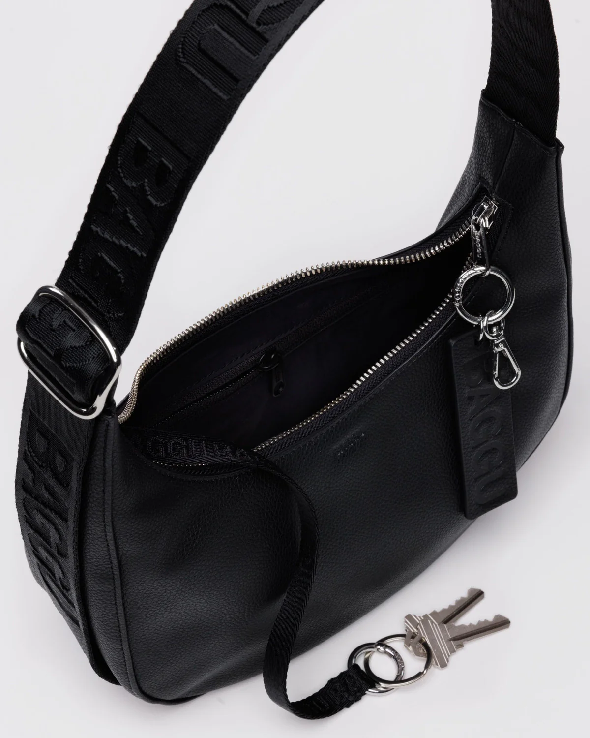 Small Recycled Leather Crescent Bag - Black - Image 3