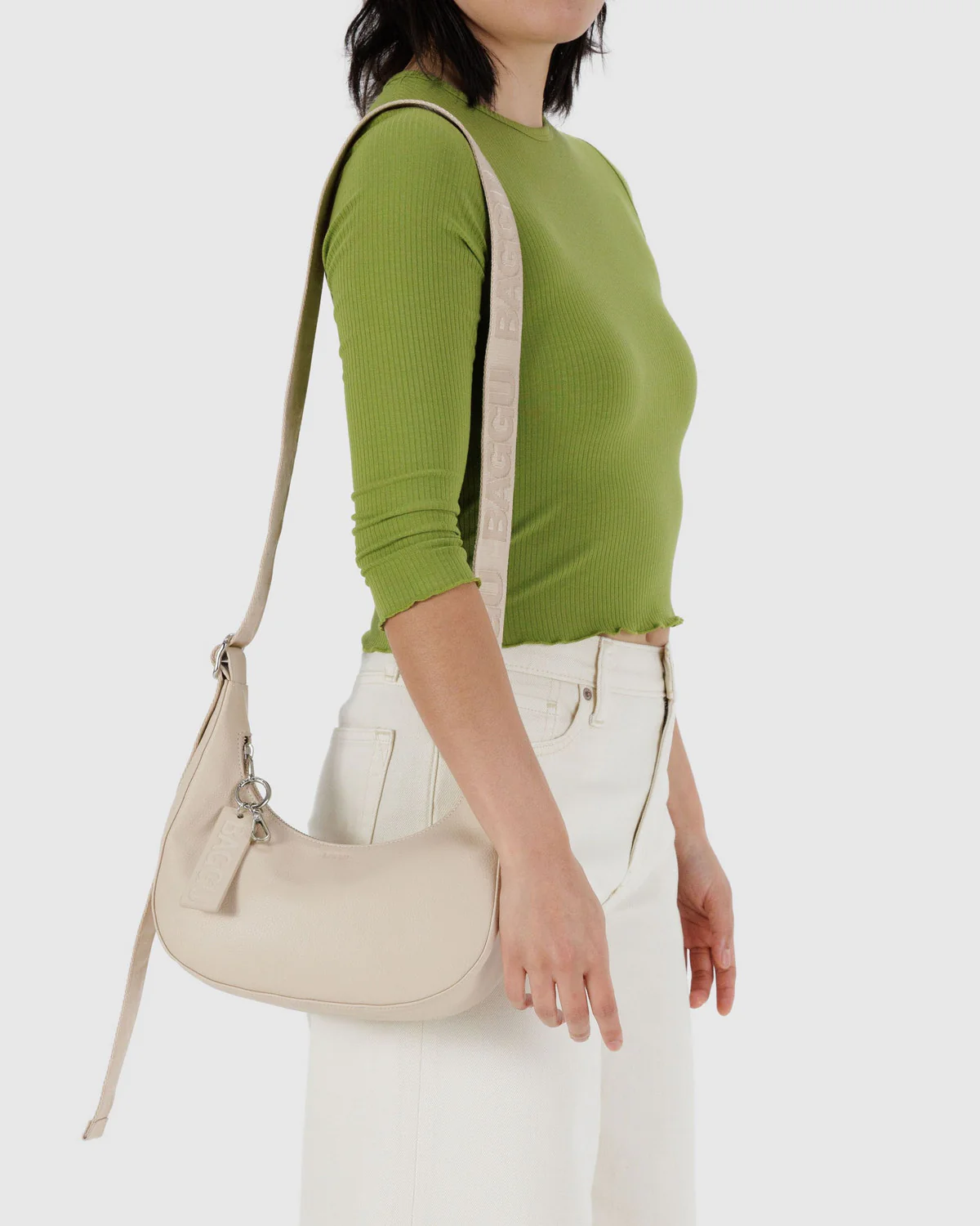 Small Recycled Leather Crescent Bag - Stone - Image 2