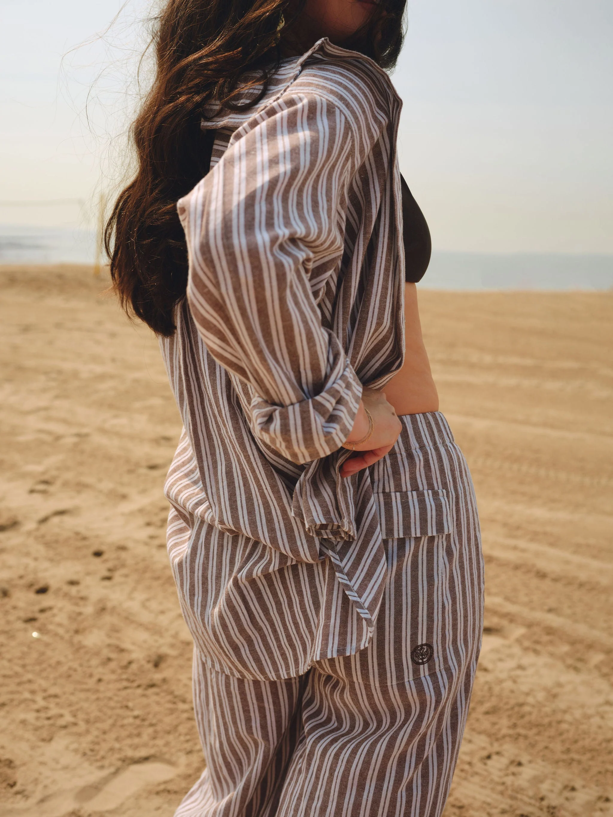 The Tommy Petite Linen Slit Pant - Chocolate Stripe - Image 2