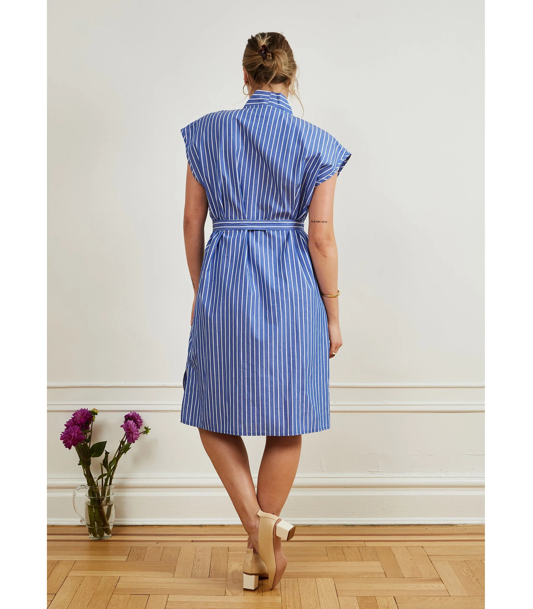 Tina Short Sleeved Shirt Dress - Blue Stripe - Image 3