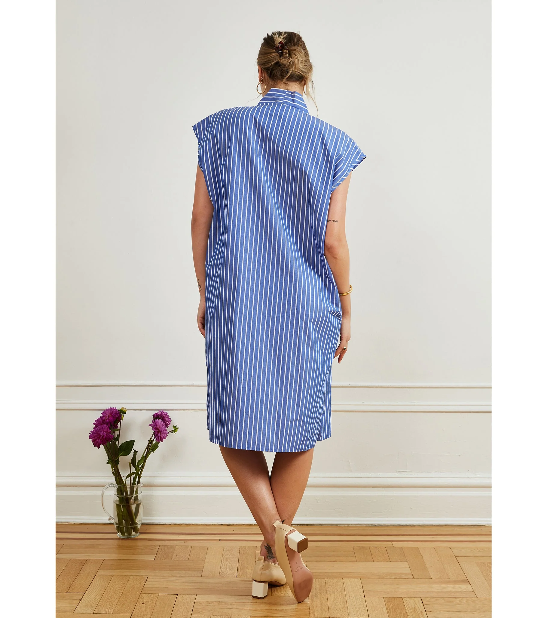 Tina Short Sleeved Shirt Dress - Blue Stripe - Image 4