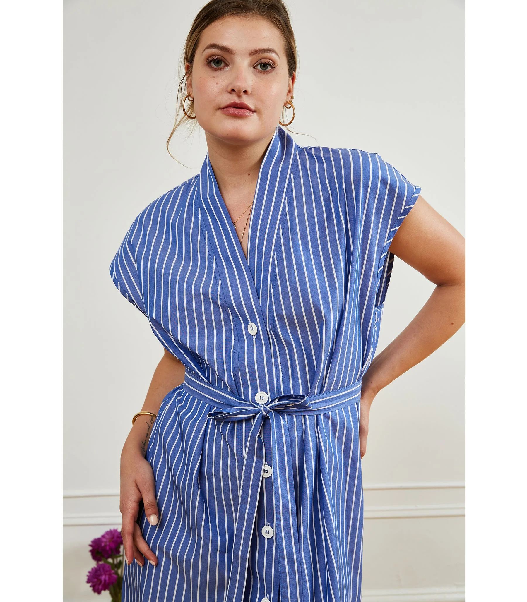 Tina Short Sleeved Shirt Dress - Blue Stripe - Image 5