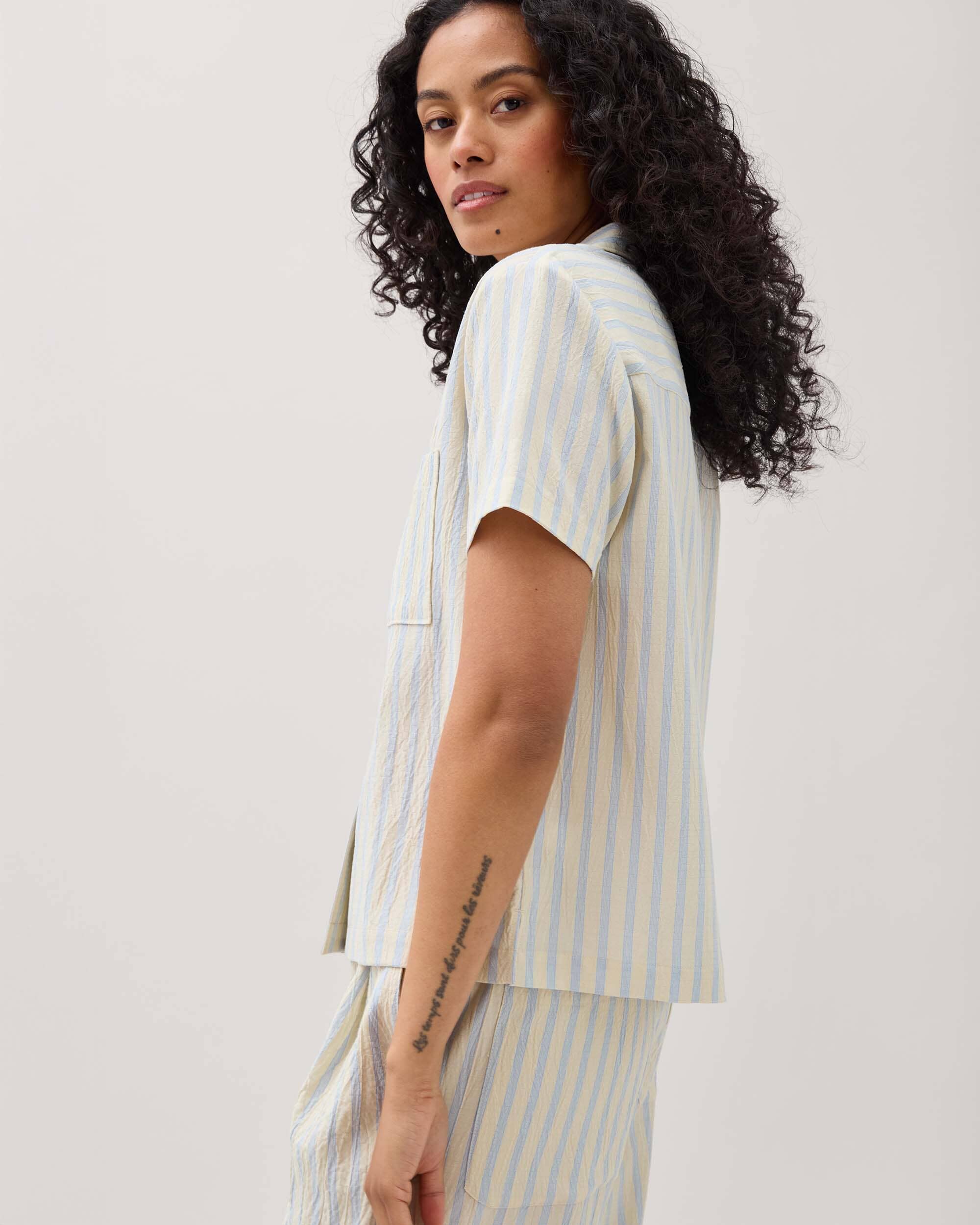 Palermo Short Sleeve Camp Shirt - Vanilla Blue Stripe - Image 4